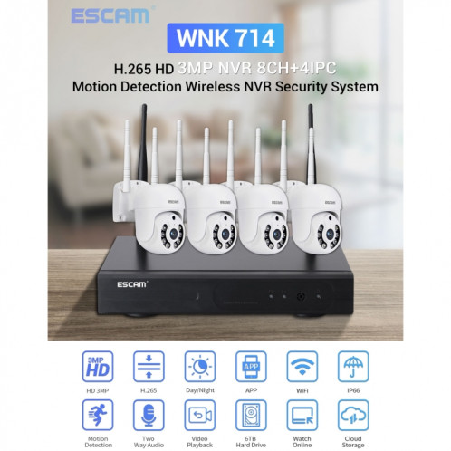 Escam WNK714 3.0 millions de pixels Kit de surveillance sans fil HD à 4 canaux 4 canaux SE00AU892-014