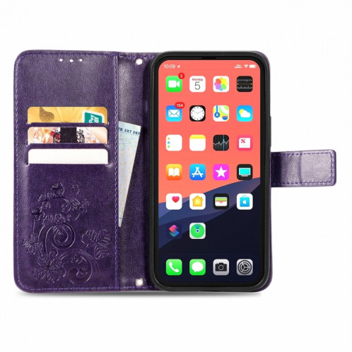 Pour iPhone 13 pro Fonds de trèfle à quatre feuilles Boucle en relief Boucle de protection mobile Cas de protection de téléphone portable avec lanière et fente de carte et portefeuille et support (violet) SH902E1356-07