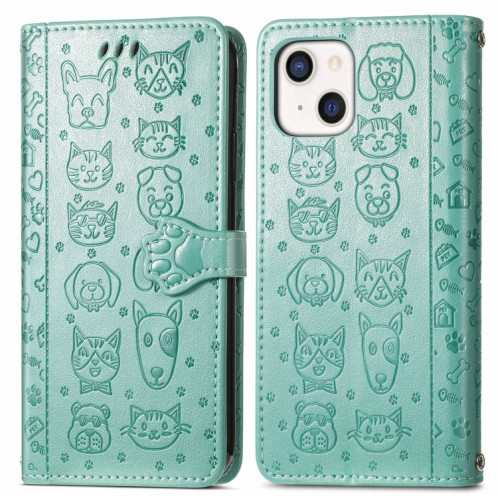 Étui en cuir horizontal horizontal de chat et de chien mignon avec support et portefeuille et portefeuille pour iPhone 13 (vert) SH003G960-07