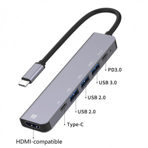 6-en-1 Type-C à HDMI + PD + Type-C + USB3.0 + USB2.0 x 2 Adaptateur hub de station d'accueil SH72301132-05