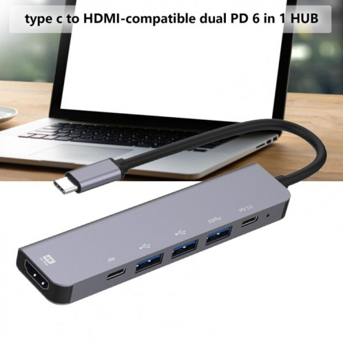 6-en-1 Type-C à HDMI + PD + Type-C + USB3.0 + USB2.0 x 2 Adaptateur hub de station d'accueil SH72301132-05