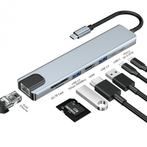 JUNSUNMAY 8 en 1 Type-C vers 4K HDMI/Ethernet Adaptateur de station d'accueil PD Hub de charge rapide Lecteur de carte SD/TF SJ04281653-07