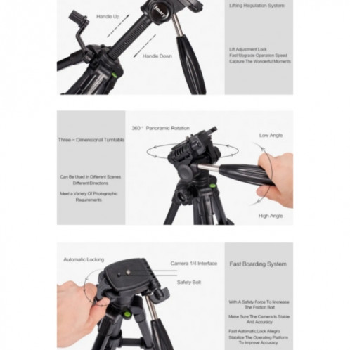 JMARY KP-2203 Trépied de photographie de téléphone pour appareil photo reflex télescopique en alliage d'aluminium portable (noir) SJ701A391-07