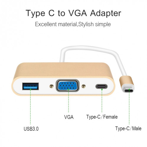 L'adaptateur Hub USB Type C vers VGA 3-en-1 prend en charge les tablettes et ordinateurs portables USB Type C pour Macbook Pro / Google ChromeBook (Or) SH901A1688-012