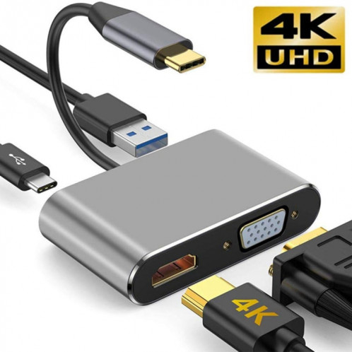 Adaptateur USB C vers HDMI VGA 4K Adaptateur 4-en-1 Type C Hub vers HDMI VGA Adaptateur multiport AV numérique USB 3.0 avec port de charge USB-C PD Compatible pour Nintendo Switch / Samsung / MacBook (argenté) SH601B1050-021