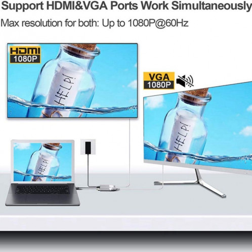 Adaptateur USB C vers HDMI VGA 4K Adaptateur 4-en-1 Type C Hub vers HDMI VGA Adaptateur multiport AV numérique USB 3.0 avec port de charge USB-C PD Compatible pour Nintendo Switch / Samsung / MacBook (argenté) SH601B1050-021
