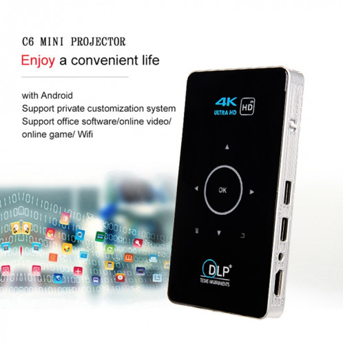 Système Android C6 1G + 8G Système Intelligent DLP HD Mini Projecteur Portable Home Home PROJECTEUR DE TÉLÉPHONE MOBILE, PLUG US (Noir) SH79011982-07