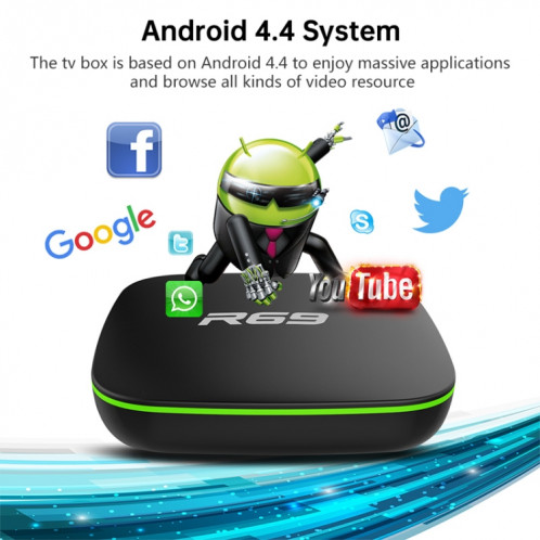 R69 1080P HD Smart TV BOX Android 4.4 Lecteur multimédia avec télécommande, Quad Core Allwinner H3, RAM : 1 Go, ROM : 8 Go, WiFi 2,4 G, LAN, prise UE SH41EU57-012