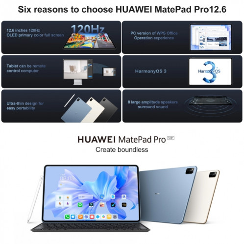 HUAWEI MatePad Pro 12,6 pouces 2022 Wi-Fi WGRR-W09 8 Go + 128 Go, HarmonyOS 3 Hisilicon Kirin 9000E Octa Core, prend en charge le double WiFi/BT/GPS, ne prend pas en charge Google Play (bleu) SH817L415-011
