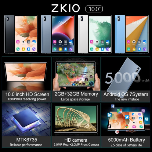 Tablette d'appel téléphonique ZK10 3G, 10,1 pouces, 2 Go + 32 Go, Android 7.0 MTK6735 Quad-core 1.3GHz, Support Dual SIM / WiFi / Bluetooth / GPS (Gris) SH021H1253-015