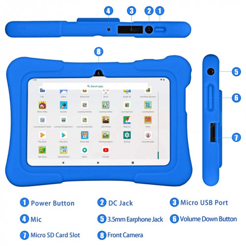 Pritom K7 Kids Education Tablet PC, 7,0 pouces, 1 Go + 16 Go, Android 10 Allwinner A50 Quad Core CPU, support 2.4G WiFi / Bluetooth / Dual Camera, version globale avec Google Play (Blue) SP870L1370-07