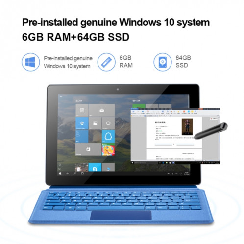 W10 2 sur 1 tablette PC, 10,1 pouces, 6 Go + 64 Go, Système Windows 10, Intel Gemini Lake N4120 Quad Core jusqu'à 2,6 GHz, avec stylo de clavier et stylet, support Double bande WiFi & Bluetooth & TF Carte & HDMI, US SH35111860-014