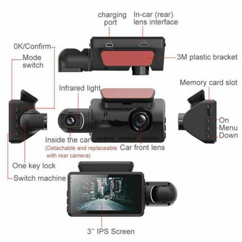 Dashcam Full Hd Caméra De Bord 2.3 Pouces Détection Mouvement